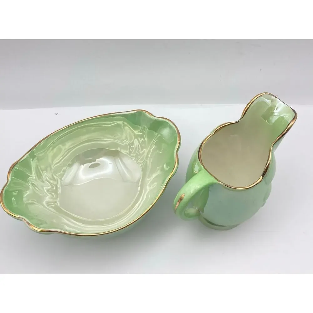 Vintage Maling Pottery Cream Jug & Sugar Bowl Set Green Lusterware Pearlescent